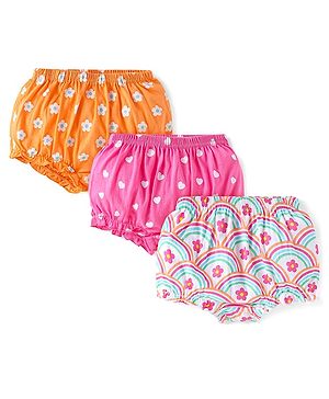 Babyhug 100% Cotton Knit Antibacterial Bloomers Floral & Hearts Print Pack of 3 - Orange Pink & White