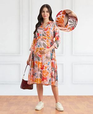 Bella Mama Woven  Three Fourth Sleeves Shirt Maternity Dress  With Floral Print - Multicolor