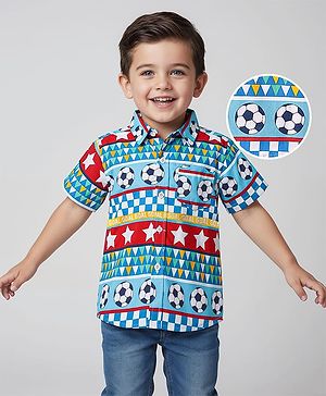 Babyhug Cotton Woven Half Sleeves Shirt With Football Print - Multicolour