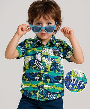 Babyhug Cotton Woven Half Sleeves Shirt With Tropical Theme - Green