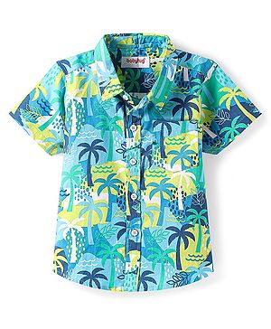 Babyhug Cotton Woven Half Sleeves Shirt With Tropical Tree Print - Multicolour