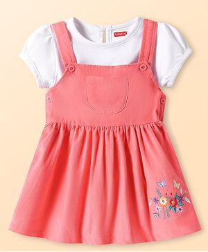Babyhug Cotton Knit Floral Embroidered Frock & Solid Inner Tee - Red & White