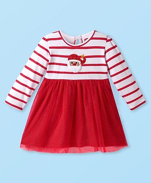 Babyhug Cotton Knit Full Sleeves Dress With Santa Claus Embroidery - White & Red
