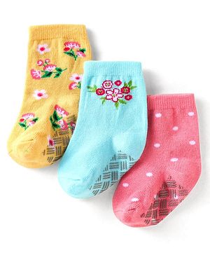 Cute Walk by Babyhug Knit Ankle Length Antibacterial Anti Skid Socks with Polka Dots & Floral Design Pack of 3 - Pink Light Blue & Yellow