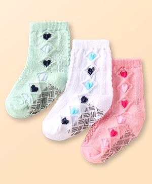 Cute Walk by Babyhug Knit Ankle Length Antibacterial Anti Skid Socks with Hearts Design Pack of 3 - White Pink & Light Green