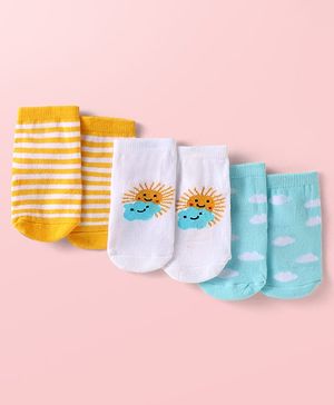 Cute Walk by Babyhug Knit Ankle Length Antibacterial Anti Skid Socks with Stripes & Sky Design Pack of 3 - White Light Blue & Yellow