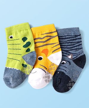 Cute Walk By Babyhug Non Terry Knit Anti-Bacterial Anti-Skid Socks With Animal Design Pack of 3 - Green Grey & Yellow