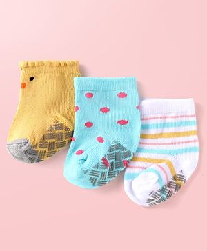 Cute Walk by Babyhug Knit Ankle Length Antibacterial Anti Skid Socks with Stripes & Polka Dots Design Pack of 3 - White Light Blue & Yellow