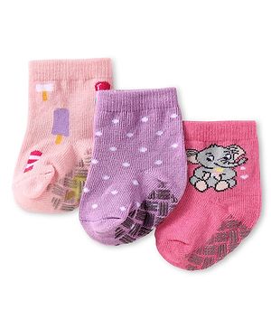 Cute Walk by Babyhug Knit Ankle Length Antibacterial Anti Skid Socks with Polka Dots Animal & Popsical Design Pack of 3 - Pink Lavender & Dark Pink