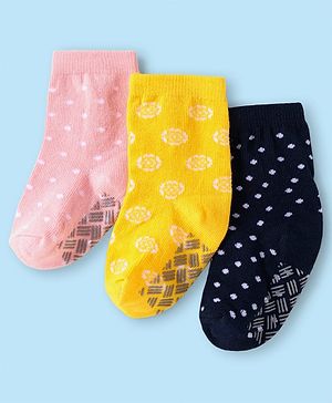 Cute Walk by Babyhug Ankle Length Antibacterial Anti Skid Socks with Stripes Polka Dots  Design Pack Of 3 - Pink Yellow & Black