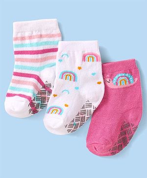 Cute Walk By Babyhug Non Terry Knit Anti-Bacterial Anti-Skid Ankle Length Socks With Rainbow Design Pack Of 3 - White & Pink