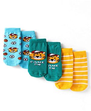 Cute Walk by Babyhug Knit Ankle Length Antibacterial Anti Skid Socks with Stripes & Tiger Design Pack of 3 - Green Light Blue & Yellow