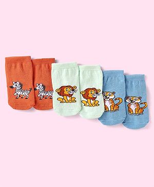 Cute Walk By Babyhug Non Terry Knit Anti-Bacterial Anti-Skid Ankle Length Socks With Animal Design Pack of 3 - Blue Green & Orange