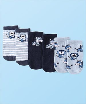 Cute Walk by Babyhug Knit Ankle Length Antibacterial Anti Skid Socks with Stripes & Animal Design Pack of 3 - Navy & Light Blue