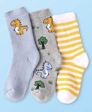 Cute Walk by Babyhug Terry Knit Ankle Length Antibacterial Socks with Dino Design & Stripes Pack of 3 - Grey Light Blue & White