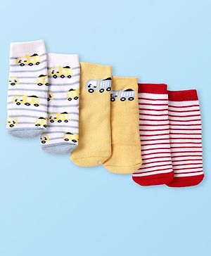 Cute Walk by Babyhug Terry Knit Ankle Length Antibacterial Socks with Vehicle Design & Stripes Pack of 3 - Red Yellow & White