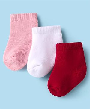 CuteWalk By Babyhug Knit Ankle Length Anti-Bacterial Solid Color Socks Pack of 3 - Pink White & Maroon