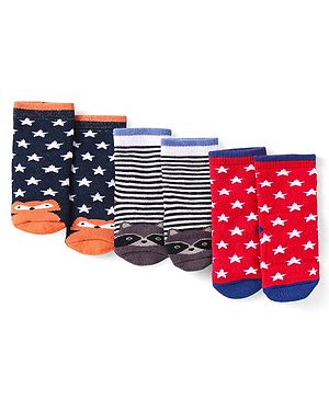 Cute Walk by Babyhug Terry Knit Ankle Length Antibacterial Striped Socks with Stars & Animal Design Pack of 3 - Navy Blue & Red