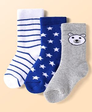 Cute Walk by Babyhug Terry Knit Ankle Length Antibacterial Striped Socks with Stars & Bear Design Pack of 3 - White Blue & Grey
