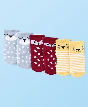 Cute Walk by Babyhug Terry Knit Ankle Length Antibacterial Striped Socks with Polka Dots & Animal Design Pack of 3 - Light Blue Yellow & Red