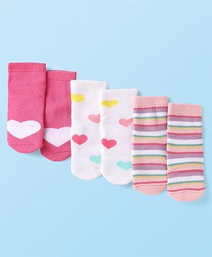 Cute Walk by Babyhug Terry Knit Ankle Length Antibacterial Socks with Stripes & Hearts Design Pack of 3 - Pink & White