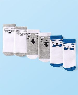 Cute Walk by Babyhug Terry Knit Ankle Length Antibacterial Socks with Animal Design Pack of 3 - Grey & White