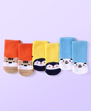 Cute Walk by Babyhug Ankle Length Antibacterial Socks with Animal Design Pack Of 3 - Blue Red & Yellow