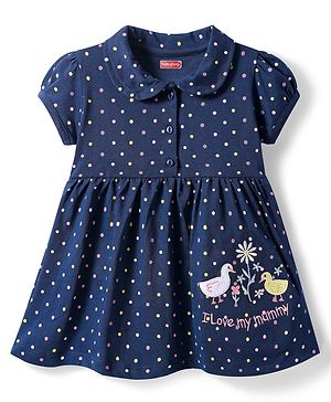 Babyhug Cotton Knit Half Puffed Sleeves Frock with Polka Dots Print & Ducks Embroidery - Navy Blue