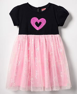 Babyhug Cotton Knit Half Sleeves Frock with Sequin Heart & Foil Floral Print - Pink