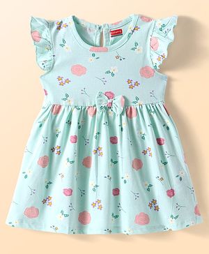 Babyhug Cotton Knit Frill Sleeves Frock with Floral Print - Turquoise