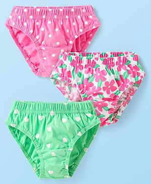 Babyhug 100% Cotton Knit Antibacterial Panties with Floral & Polka Dots Print Pack of 3 - Pink & Green