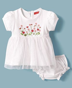 Babyhug Cotton Knit Half Puffed Sleeves Frock with Bloomer & Floral Embroidery - White