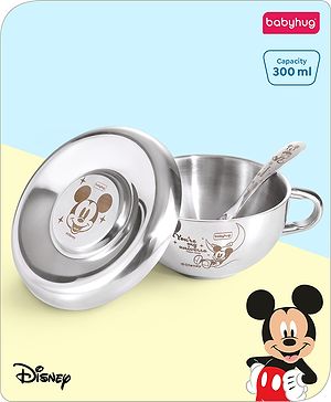 Babyhug Disney Mickey Mouse Steel Feeding Bowl with Spoon and Lid| Easy to Clean & Maintain| Encourage Self Feeding| Laser Print| Dishwasher Safe| Gifting Option Silver - 300 ml
