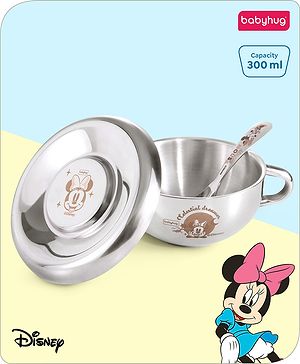 Babyhug Disney Minnie Mouse Steel Feeding Bowl with Spoon and Lid| Easy to Clean & Maintain| Encourage Self Feeding| Laser Print| Dishwasher Safe| Gifting Option Silver - 300 ml