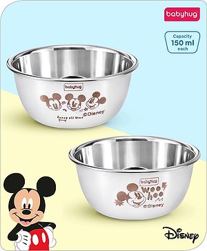 Babyhug Disney Mickey Mouse Stainless Steel Feeding Bowl Set | Easy to Clean & Maintain| Encourage Self Feeding| Laser Print| Dishwasher Safe| Gifting Option Silver Pack of  2 - 150 ml