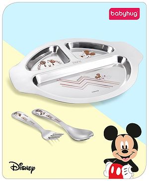 Babyhug Disney Mickey Mouse Stainless Steel 3 Section Plate with Spoon & Fork Set| Easy to Clean & Maintain| Encourage Self Feeding| Laser Print| Dishwasher Safe| Gifting Option - Silver