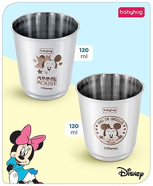 Babyhug Disney Minnie Mouse Stainless Steel Tumbler Set of 2 | Easy to Clean & Maintain| Encourage Self Feeding| Laser Print| Dishwasher Safe| Gifting Option Silver - 120 ml