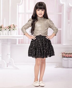 TINY BABY Knitted Three Fourth Sleeves Stone Embellished & Foil Printed Top With Flared Skirt Set - Golden