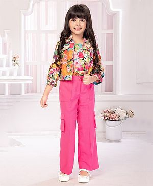 TINY BABY Linen Three Fourth Sleeves Floral Printed Jacket With Top & Solid Pant - Pink