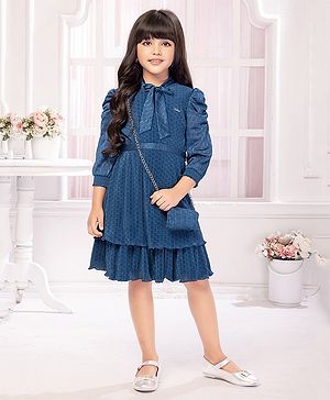 TINY BABY Knitted Three Fourth Sleeves Solid Pleated Dress With Stones Embellished Belt & Purse - Blue