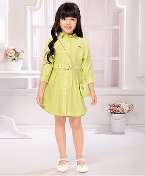 TINY BABY Three Fourth Sleeves Solid Dress With Belt & Purse - Green