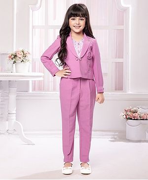 TINY BABY Full Sleeves Floral Applique Detailed Jacket With Coordinating Pant & Houndstooth Printed Top - Purple