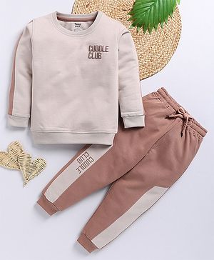 TOONYPORT Cotton Full Sleeves Cuddle Club Text Embroidered Sweatshirt With Joggers Set - Brown