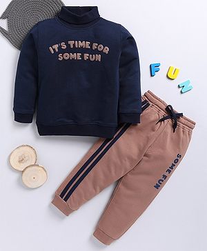 TOONYPORT Cotton Full Sleeves Text Embroidered Sweatshirt With Side Taped Joggers Set - Navy Blue