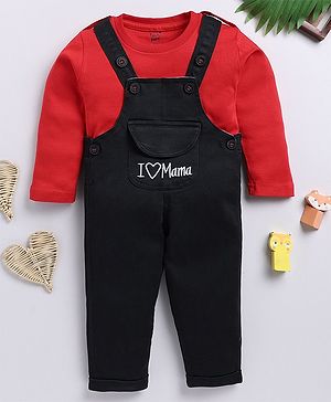 TOONYPORT Cotton Blend Sleeveless I Love Mama Text Embroidered Dungaree With Full Sleeves Solid Tee Set - Red