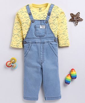 TOONYPORT Cotton Blend Sleeveless Solid Dungaree With Full Sleeves Whales Printed Tee Set - Yellow