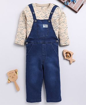 TOONYPORT Cotton Blend Sleeveless Solid Dungaree With Full Sleeves Whales Printed Tee Set - Beige