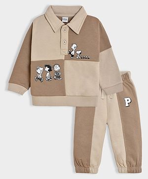 Mi Arcus Peanuts Featuring Full Sleeves Colour Blocked Snoopy Printed Sweatshirt & Joggers Set - Brown