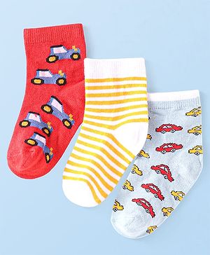 Cute Walk by Babyhug Ankle Length Antibacterial Socks with Vehicle Design Pack Of 3 - White & Red
