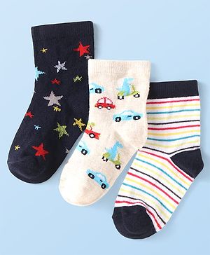 Cute Walk by Babyhug Ankle Length Antibacterial Socks with Vehicle & Star Design Pack Of 3 - White & Navy Blue